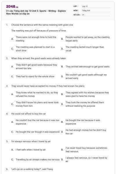 21 câu Tiếng Anh lớp 10 Unit 5: Sports - Writing - Explore New Worlds có đáp án