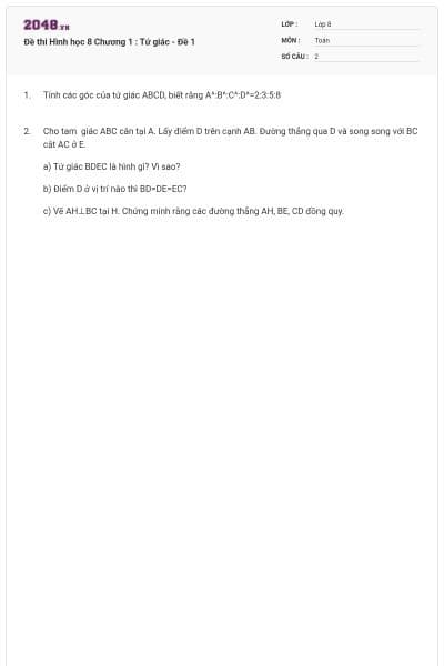 Đề thi Hình học 8 Chương 1 : Tứ giác - Đề 1