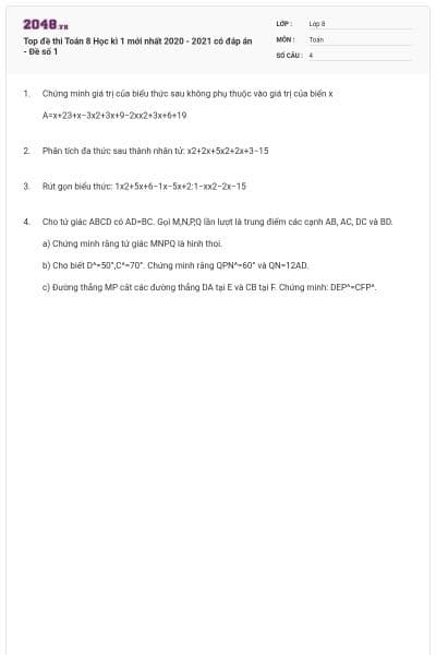 Top đề thi Toán 8 Học kì 1 mới nhất 2020 - 2021 có đáp án - Đề số 1