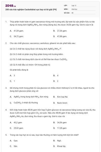 200 câu trắc nghiệm Cacbohidrat cực hay có lời giải (P4)