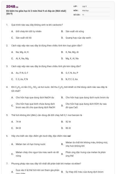 Đề kiểm tra giữa học kì 2 môn Hoá 9 có đáp án (Mới nhất) (Đề 9)