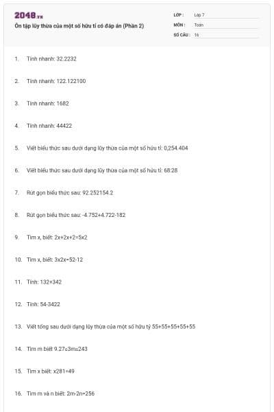 Ôn tập lũy thừa của một số hữu tỉ có đáp án (Phần 2)