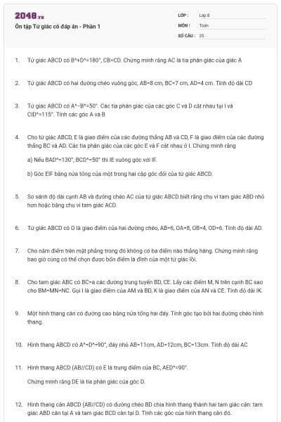 Ôn tập Tứ giác có đáp án - Phần 1