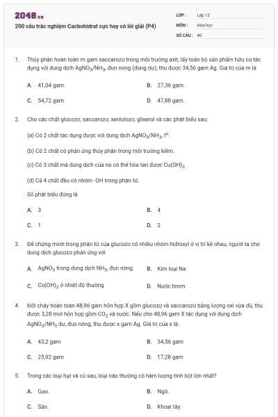 200 câu trắc nghiệm Cacbohidrat cực hay có lời giải (P4)