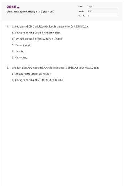 Đề thi Hình học 8 Chương 1 : Tứ giác - Đề 7
