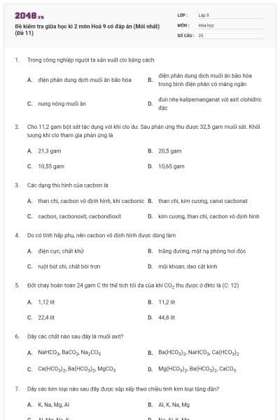 Đề kiểm tra giữa học kì 2 môn Hoá 9 có đáp án (Mới nhất) (Đề 11)