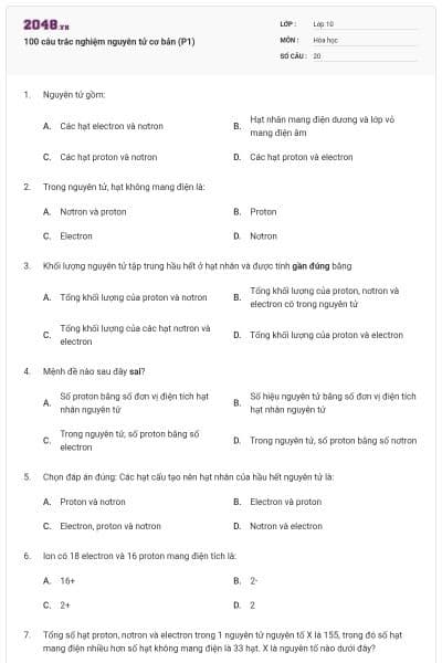 100 câu trắc nghiệm nguyên tử cơ bản (P1)