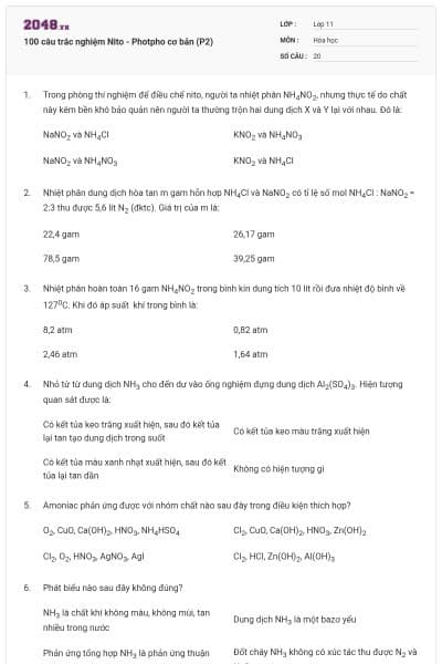 100 câu trắc nghiệm Nito - Photpho cơ bản (P2)