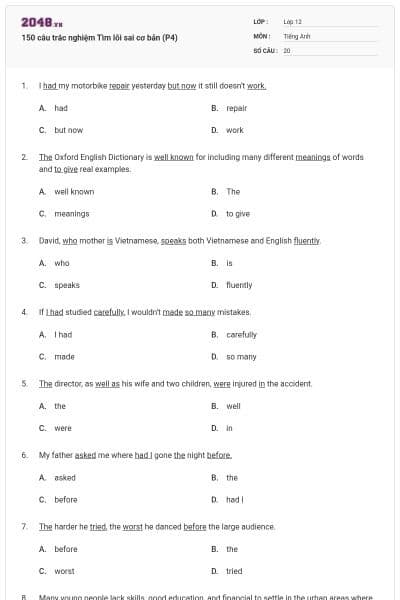 150 câu trắc nghiệm Tìm lỗi sai cơ bản (P4)