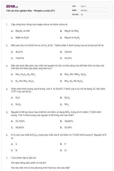 100 câu trắc nghiệm Nito - Photpho cơ bản (P1)