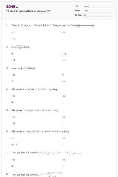 75 câu trắc nghiệm Giới hạn nâng cao (P1)