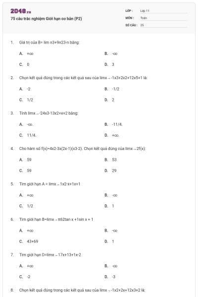 75 câu trắc nghiệm Giới hạn cơ bản (P2)