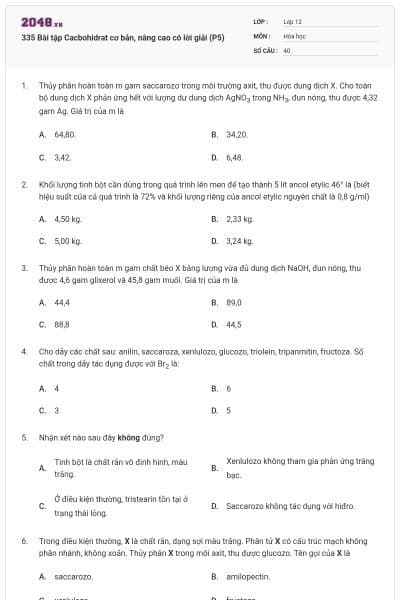335 Bài tập Cacbohidrat cơ bản, nâng cao có lời giải (P5)
