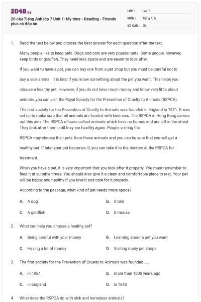 20 câu Tiếng Anh lớp 7 Unit 1: My time - Reading - Friends plus có đáp án