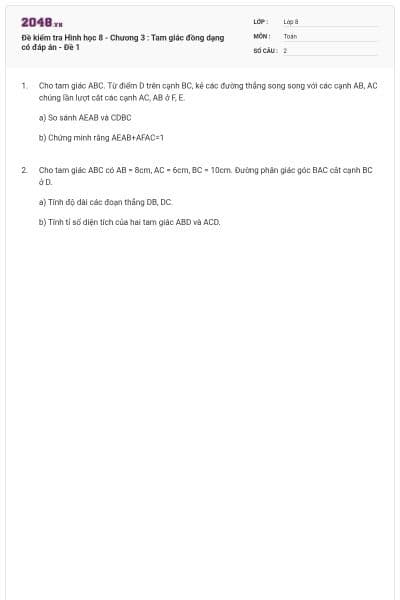 Đề kiểm tra Hình học 8 - Chương 3 : Tam giác đồng dạng có đáp án - Đề 1