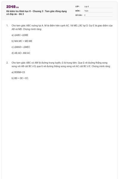 Đề kiểm tra Hình học 8 - Chương 3 : Tam giác đồng dạng có đáp án - Đề 3