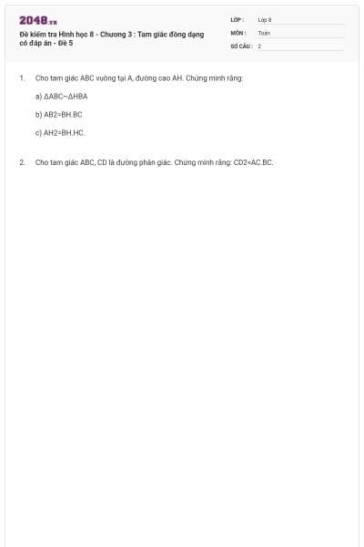 Đề kiểm tra Hình học 8 - Chương 3 : Tam giác đồng dạng có đáp án - Đề 5