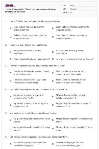19 câu Tiếng Anh lớp 7 Unit 2: Communication - Writing - Friends plus có đáp án