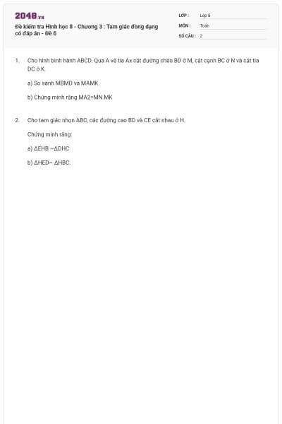 Đề kiểm tra Hình học 8 - Chương 3 : Tam giác đồng dạng có đáp án - Đề 6