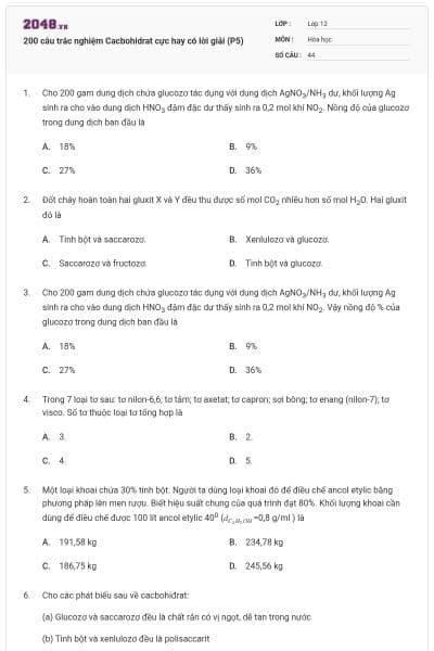 200 câu trắc nghiệm Cacbohidrat cực hay có lời giải (P5)