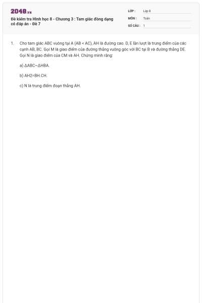 Đề kiểm tra Hình học 8 - Chương 3 : Tam giác đồng dạng có đáp án - Đề 7