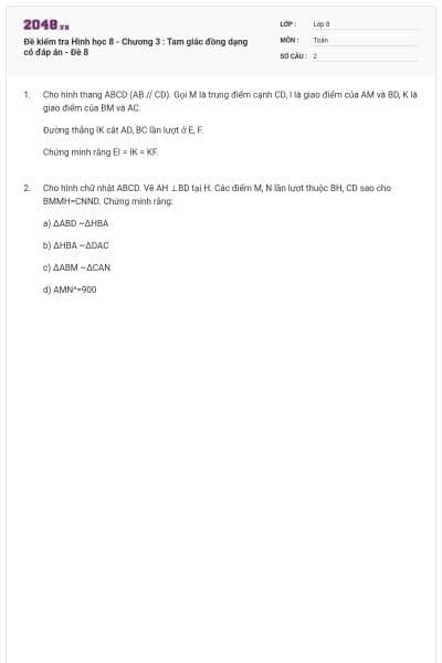 Đề kiểm tra Hình học 8 - Chương 3 : Tam giác đồng dạng có đáp án - Đề 8