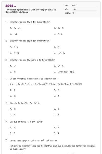 15 câu Trắc nghiệm Toán 7 Chân trời sáng tạo Bài 2: Đa thức một biến có đáp án