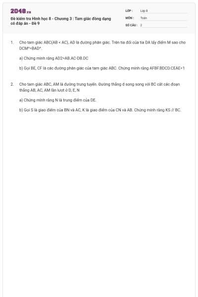 Đề kiểm tra Hình học 8 - Chương 3 : Tam giác đồng dạng có đáp án - Đề 9