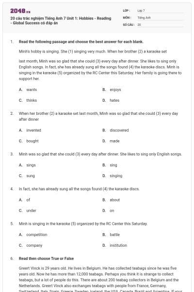 20 câu trắc nghiệm Tiếng Anh 7 Unit 1: Hobbies - Reading - Global Success có đáp án