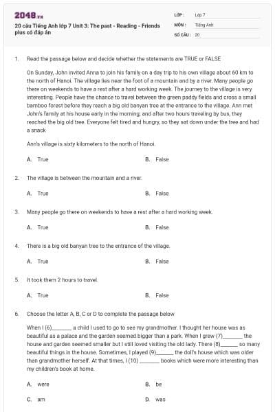 20 câu Tiếng Anh lớp 7 Unit 3: The past - Reading - Friends plus có đáp án