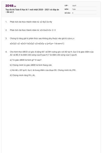 Top đề thi Toán 8 Học kì 1 mới nhất 2020 - 2021 có đáp án - Đề số 2