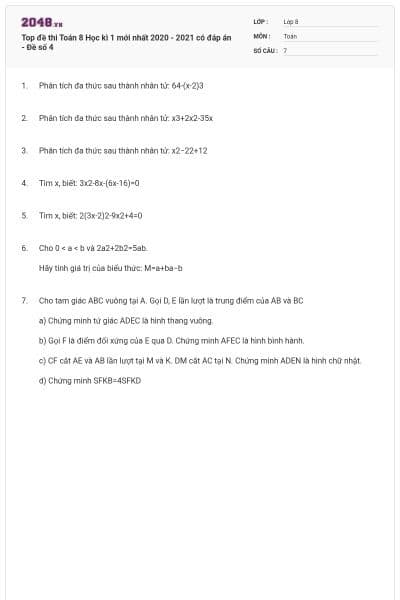 Top đề thi Toán 8 Học kì 1 mới nhất 2020 - 2021 có đáp án - Đề số 4