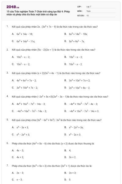 15 câu Trắc nghiệm Toán 7 Chân trời sáng tạo Bài 4: Phép nhân và phép chia đa thức một biến có đáp án