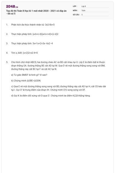 Top đề thi Toán 8 Học kì 1 mới nhất 2020 - 2021 có đáp án - Đề số 5