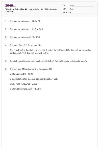 Top đề thi Toán 8 Học kì 1 mới nhất 2020 - 2021 có đáp án - Đề số 6