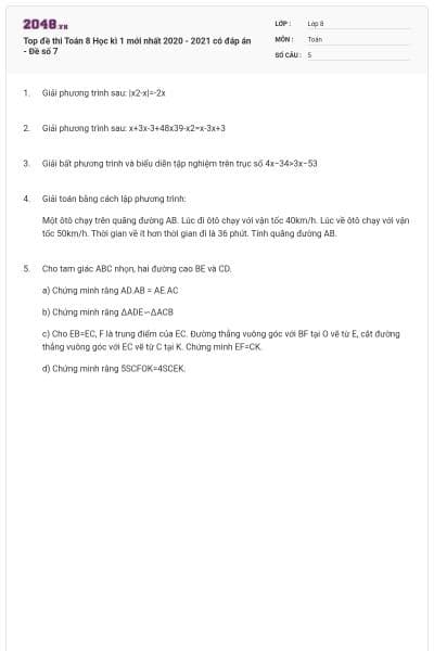 Top đề thi Toán 8 Học kì 1 mới nhất 2020 - 2021 có đáp án - Đề số 7