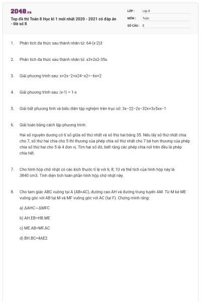 Top đề thi Toán 8 Học kì 1 mới nhất 2020 - 2021 có đáp án - Đề số 8