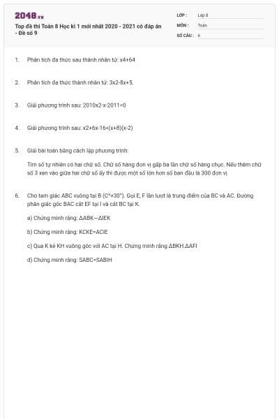 Top đề thi Toán 8 Học kì 1 mới nhất 2020 - 2021 có đáp án - Đề số 9
