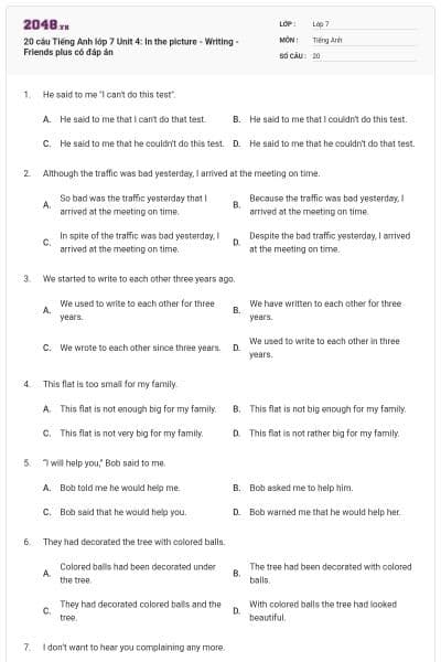 20 câu Tiếng Anh lớp 7 Unit 4: In the picture - Writing - Friends plus có đáp án