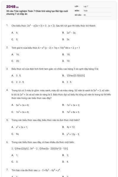 30 câu Trắc nghiệm Toán 7 Chân trời sáng tạo Bài tập cuối chương 7 có đáp án