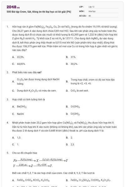 500 Bài tập Crom, Sắt, Đồng ôn thi Đại học có lời giải (P6)