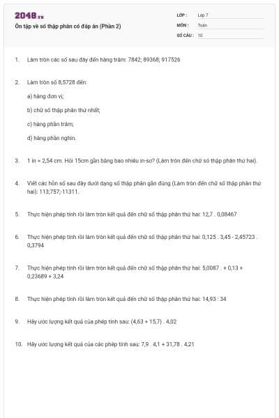 Ôn tập về số thập phân có đáp án (Phần 2)