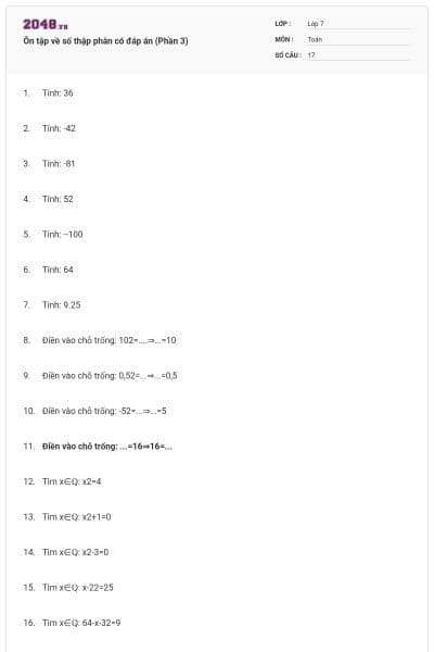 Ôn tập về số thập phân có đáp án (Phần 3)