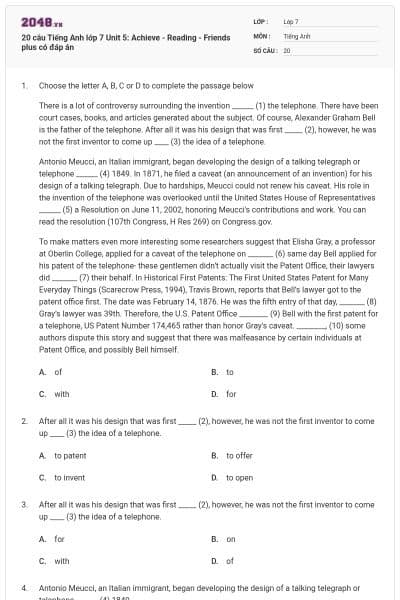 20 câu Tiếng Anh lớp 7 Unit 5: Achieve - Reading - Friends plus có đáp án