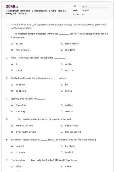 Trắc nghiệm Tiếng anh 12 Ngữ pháp và Từ vựng - Mức độ thông hiểu (Phần 3)