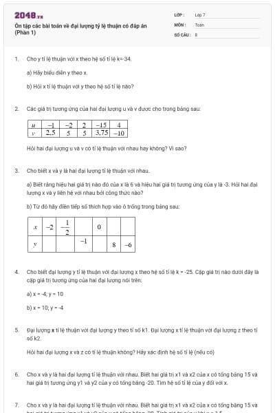 Ôn tập các bài toán về đại lượng tỷ lệ thuận có đáp án (Phần 1)