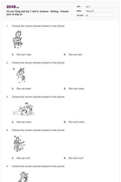 20 câu Tiếng Anh lớp 7 Unit 5: Achieve - Writing - Friends plus có đáp án