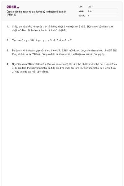 Ôn tập các bài toán về đại lượng tỷ lệ thuận có đáp án (Phần 3)