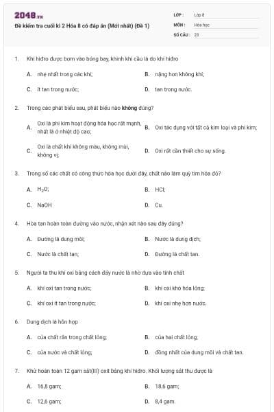 Đề kiểm tra cuối kì 2 Hóa 8 có đáp án (Mới nhất) (Đề 1)