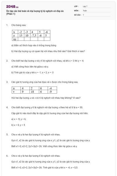 Ôn tập các bài toán về đại lượng tỷ lệ nghịch có đáp án (Phần 1)